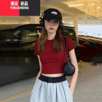 YIBUSHENG美式辣妹红色正肩圆领短袖T恤女季修身显瘦内搭chic短款露脐T恤