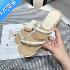 SUNTEK时尚气质矮跟凉拖女2023新款小众高级感透明带凉鞋百搭粗一字拖潮