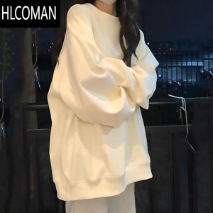 HLCOMAN杏色正肩长袖t恤中性风穿搭美式无帽圆领卫衣男秋季纯欲上衣