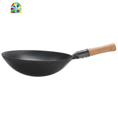木柄无涂层老式铁锅熟铁炒锅锅饭店用厨师铁炒勺家用炒锅43CM FENGHOU 木柄40圆底+耳