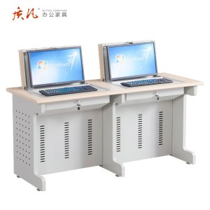 质凡翻转电脑桌多媒体微机教室学生培训课桌椅 双人位电脑桌