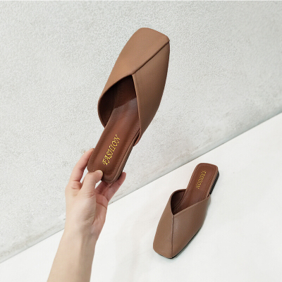 述雅夏季方头奶奶鞋包头平底半拖鞋女外穿小香风软底凉拖懒人穆勒拖鞋