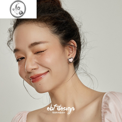 JiMi耳边风 粉色爱心方块银银耳钉可爱少女甜美ins耳环百搭