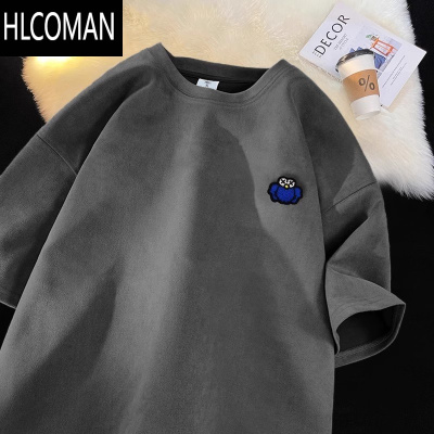 HLCOMAN仿绒短袖t恤男夏季美式复古潮牌宽松学生高街半袖体恤衫