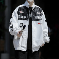 男装潮牌美式机车赛车服立领黑白拼接pu皮衣男情侣款高街夹克外套