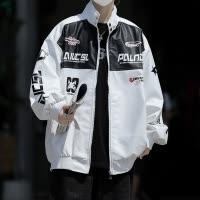 男装潮牌美式机车赛车服立领黑白拼接pu皮衣男情侣款高街夹克外套