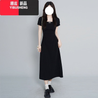 YIBUSHENG绿色方领茶歇法式短袖连衣裙子女季2024新款收腰气质高级感长裙