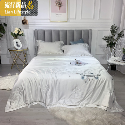 天丝冰丝空调被绣花夏凉被夏天双人薄款冷气夏季薄被子被芯可水洗 三维工匠