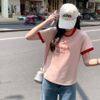 [2.5折价49元]唐狮夏季女圆领撞边前胸字母短款短袖T恤百搭韩系小个子潮流