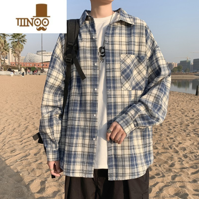 YANXU衬衫男款撞色格子外套长袖港风潮日系宽松百搭潮流休闲简约情侣装