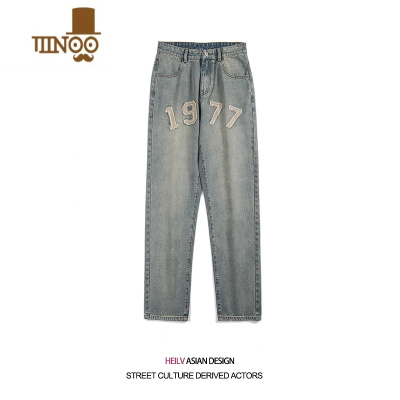 YANXU美式复古高街刺绣牛仔裤男夏季新款水洗做旧直筒宽松休闲百搭长裤