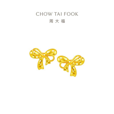 周大福 爆闪鱼鳞蝴蝶结黄金耳钉女足金耳饰礼物(工费:380计价)EOF1301