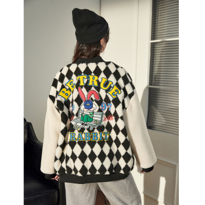 [3件8.5折203.9元,叠加优惠券]唐狮秋冬新款棒球服外套女棋盘格拼接仿羊羔毛设计感短款上衣