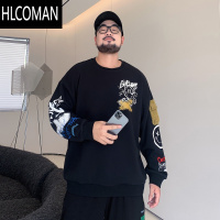 HLCOMAN宽松休闲加肥加大涂鸦拼接卫衣男胖子肥佬大码圆领长袖T恤
