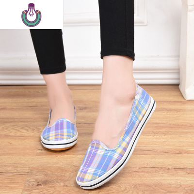 FISHBASKET女式平底舞蹈帆布运动工作休闲轻便浅口松紧带一脚蹬软底方格布鞋休闲鞋