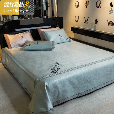 高端中式绣花凉席冰丝席三件套可水洗夏季席子1.5米1.8m藤席软席 三维工匠