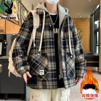 花花公子毛呢夹克男士秋冬季加棉加厚连帽外套青少年格纹休闲上衣