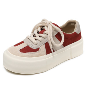 头层牛皮复古拼色系带单鞋女2024春季新款百搭德训鞋厚底小白鞋