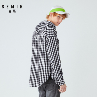 semir森马秋季男装衬衫男长袖宽松港风ins格子衫连帽外套衬衣