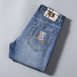 意大利高端刺绣牛仔裤男士潮牌蓝色夏季薄款弹力修身小脚休闲长裤