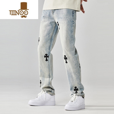 YANXU夏季薄款牛仔裤男浅蓝色直筒宽松潮牌浅色休闲高街痞帅长裤