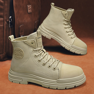 秋季新款男士马丁鞋布面透气高帮潮流高跟户外工装靴子男鞋
