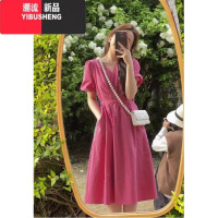 YIBUSHENG茶歇法式炸街长裙冷淡风高级感气质收腰泡泡袖粉色连衣裙子女季
