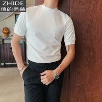 SUNTEK春秋新款半高领短袖T恤男韩版潮流双面绒中领男士打底衫休闲百搭T恤