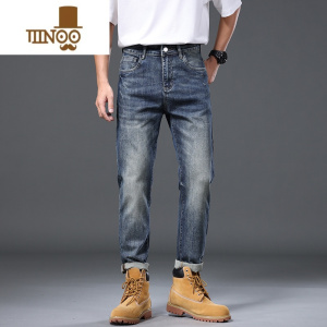 YANXU潮男牛仔裤2023高端休闲直筒修身四季百搭青年弹力长裤子