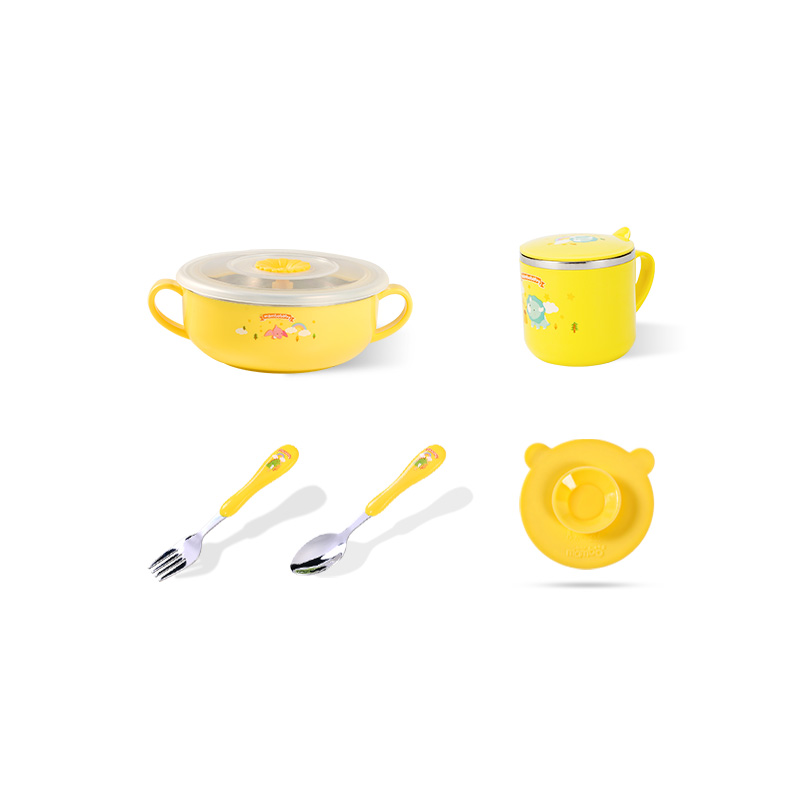 儿童不锈钢餐具 防烫5件套 黄色