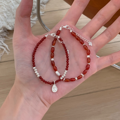 s925纯银玫瑰花吊坠红玉髓手链女轻奢小众叠戴手串显白高级感送女朋友老婆情人节七夕生日礼物