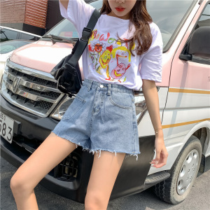夏季韩版宽松设计感浅蓝毛边牛仔短裤女高腰显瘦阔腿裤热裤潮