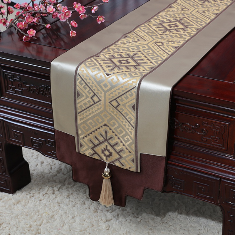 美帮汇新中式古典玉桌旗茶几长条布艺中国风桌布床柜旗电视柜盖布 简欧提花金 34*150适合桌长90-100CM
