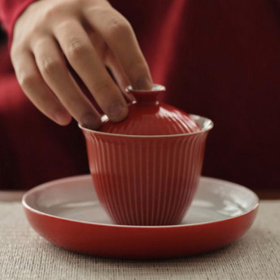 美帮汇珊瑚红棱纹盖碗景德镇棱茶杯茶碗三才盖碗茶具陶瓷套装泡茶碗