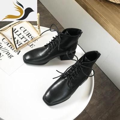 粗跟短靴女2019秋冬新款百搭方头系带中跟高跟红短筒靴子_2