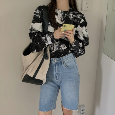 广赫意芭舒2020水墨复古印花圆领衬衫上衣女2020新款秋宽松长袖衬衣潮衬衫