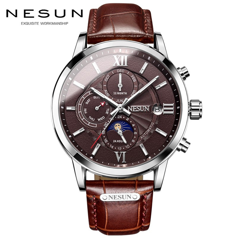 正品尼尚(nesun)手表男士全自动机械表 男时尚复古多功能皮带表夜光