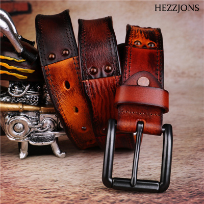 赫泽琼斯HEZZJONS原创皮带男真皮针扣腰带复古手工铆钉机车朋克潮男纯牛皮牛仔裤艺术腰带手工上色