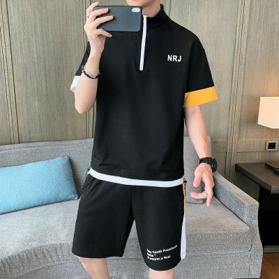 梵克公牛男士休闲套装2021夏季新款韩版流宽松五分袖男装衣服一套拼色短袖T恤立领牌两件套运动服