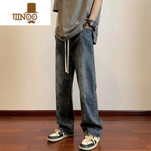 YANXU复古蓝牛仔裤男宽松潮牌网红情侣oversize裤子高街美式直筒工装裤