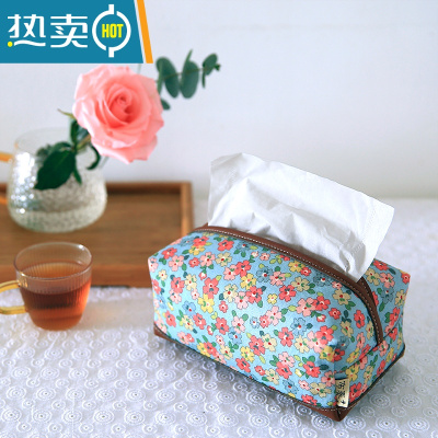 敬平手工刺绣车载纸巾盒客厅家用抽纸盒布艺日式纸巾袋餐巾纸盒 天蓝小碎花 纸巾盒