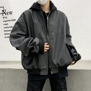 男装潮牌美式复古飞行员夹克假两件pu皮衣男女同款潮流棒球服外套