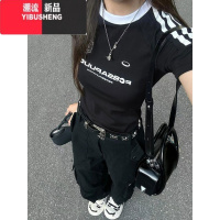 YIBUSHENG美式复古三条杠正肩短袖t恤女季2024新款修身运动短款辣妹上衣
