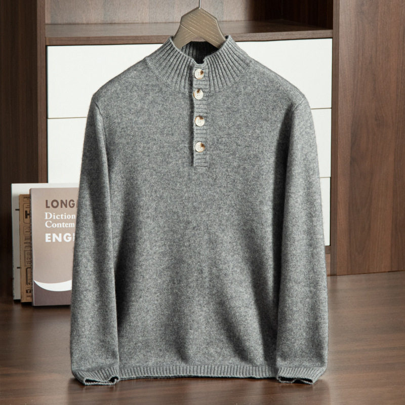 男士双股加厚秋冬半高领系扣长袖宽松休闲中青年羊绒针织打底毛衣