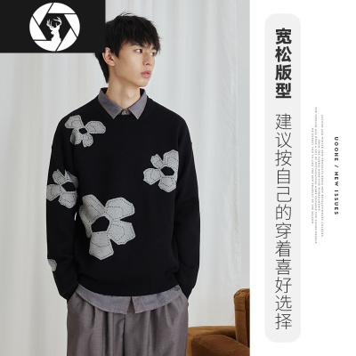 HongZunUOOHE花朵提花针织衫男2020秋装新款毛衫宽松百搭套头情侣毛衣潮毛衣