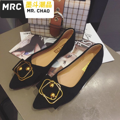 2020新款尖头平底单鞋软底瓢鞋金属扣蝴蝶结浅口鞋平跟女鞋豆豆鞋墨斗潮品休闲鞋