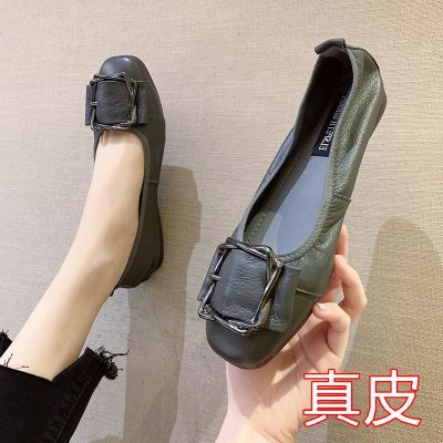 Ideamini真皮女鞋网红仙女奶奶鞋软底芭蕾舞蛋卷鞋豆豆平底单鞋孕妇瓢鞋黑