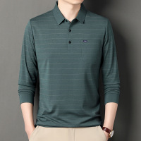 秋季男士中年真口袋长袖T恤百搭polo衫商务长袖透气条纹T恤