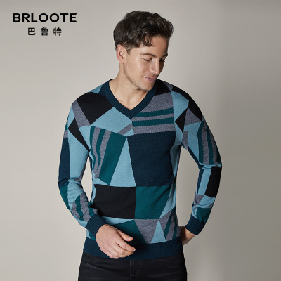 BRLOOTE/巴鲁特羊毛羊毛衫男几何图案撞色拼接V领毛衫冬装