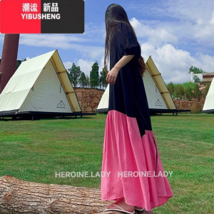 YIBUSHENG[彩色拼接]HL棉绸季纯色拼接宽松连衣裙长裙V领短袖百搭裙子